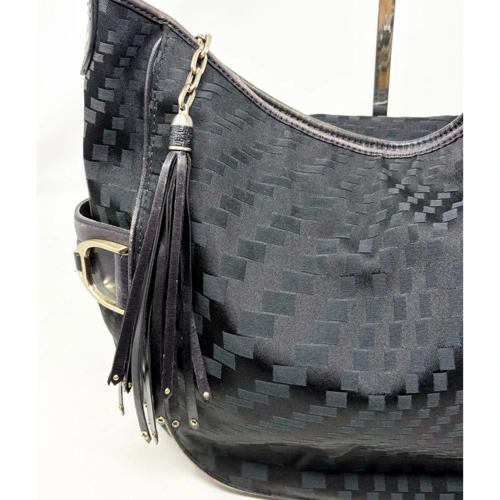 Cole Haan Black Checkered Fabric Leather Hobo Bag Tassel Gold Hardware